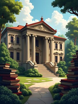 Stylized educational building with bold columns rises among books and foliage in space
