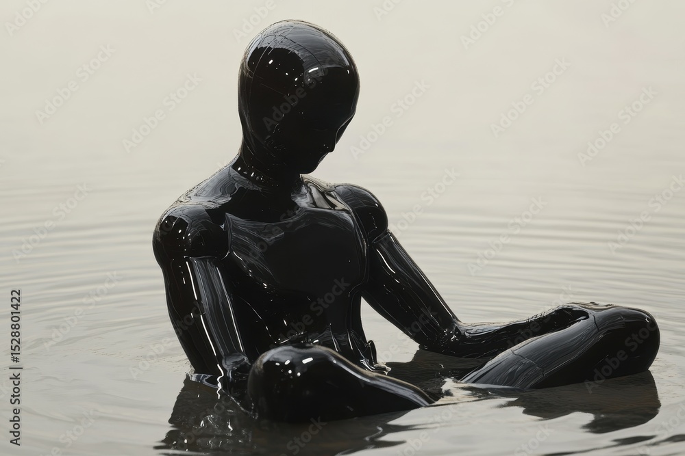Poster humanoid form meditating in still water under soft light in a futuristic environment, abstract human