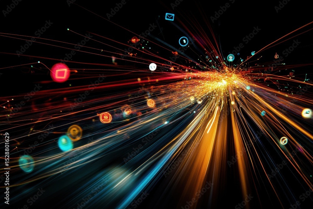 Poster network of connections illuminated by light trails and colorful icons creates a vibrant digital atmo