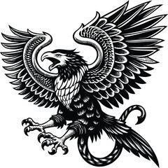 Obraz premium Heraldic eagle with powerful wings, a majestic symbol of freedom and wild nature, perfect for a striking black vector tattoo design