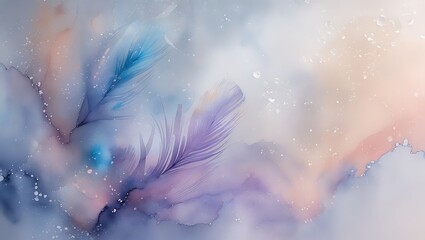 Watercolor painting of ethereal feathers in shades of blue, purple, and soft pink colors
