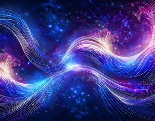 Fototapeta premium A vibrant and mystical abstract image featuring flowing light, intricate patterns, and sparkling elements in shades of blue, purple, and gold, evoking a sense of spirituality.