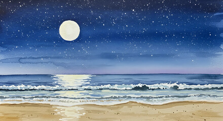A peaceful night beach with stars, moon, and waves.
Watercolor style