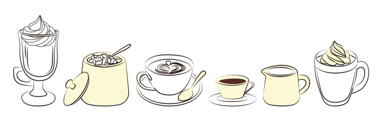 Line art vector illustration featuring a variety of hot drinks, including coffee, tea, and hot chocolate with cream and latte art. Simple, minimalist design perfect for caf themes.