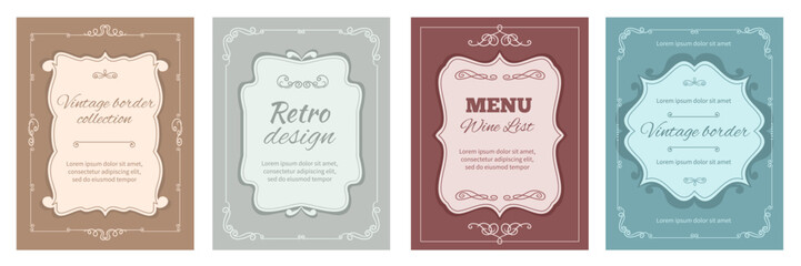 Vintage frame cards. Elegant retro design, invitations templates, restaurant menu cover, ornamental curls, twisted ornate borders, wedding calligraphic graphic, splendid vector isolated set