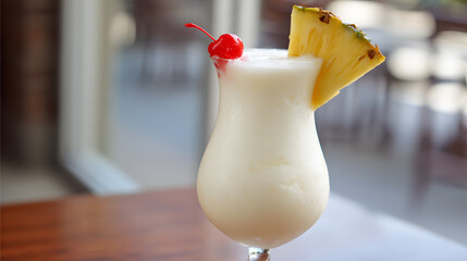 Refreshing Tropical Beverage with Pineapple Wedge and Cherry Garnish in a Glass