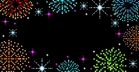 Pixel firework frame. Retro video holiday design, colorful lights bust, carnival background, party elements, 8 bit assets, night with pyrotechnic firecracker, qualitative vector concept