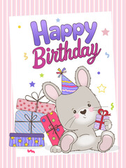 An adorable bunny with a small present sits next to a stack of colorful presents. The text Happy Birthday adorns the top of the image. Perfect for invitations or kids party decorations.