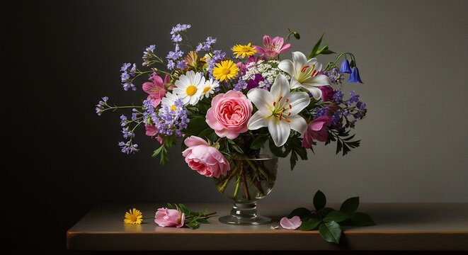 華麗なる花束 静物画 優雅な光彩 鮮やかに咲く (Kareinaru hanataba seibutsuga yuugana kousai azayaka ni saku) Translation: Gorgeous bouquet still life elegant light brightly blooms. AI Generated