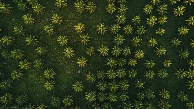Aerial View of Palm Tree Plantation Farm in Rows Landscape
