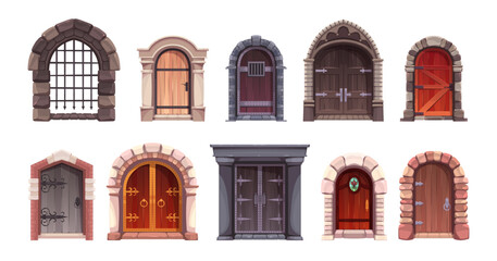 Cartoon ancient castle doors. Ancient palace entrances, heavy forged wooden door, fantasy games arches with stone columns, church or cathedral entry, gothic building element tidy vector set