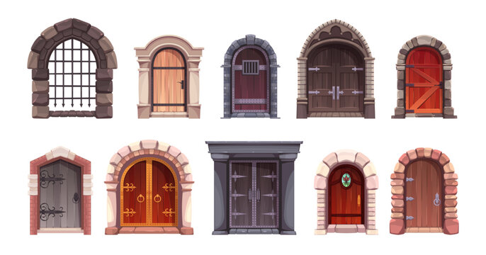 Cartoon ancient castle doors. Ancient palace entrances, heavy forged wooden door, fantasy games arches with stone columns, church or cathedral entry, gothic building element tidy vector set