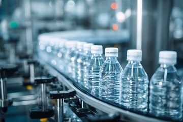 Water bottle filling machine in a sterile production line, automated system, focus on movement and machinery details, industrial photography style