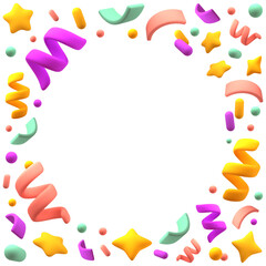 Cartoon 3d confetti frame. Colorful pieces of paper and serpentine, holiday party elements, chubby cute style, card background, glossy render stars and dots, firecrackers classy vector concept