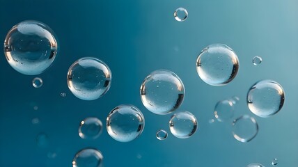 Transparent water bubbles floating gracefully against a soft blue background, creating a serene and calming atmosphere, ideal for design and creative projects