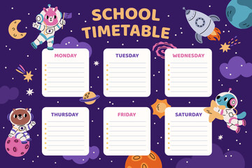 Animals astronauts schedule. Cute fauna characters with spacesuits, zero gravity, planets, cartoon rocket, star and planets, school timetable, kids space exploration garish vector concept
