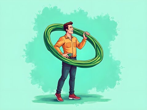 Man Holding Large Green Ethernet Cable Illustration for Technology and Networking Concepts