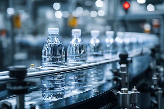 Water bottle filling machine in a sterile production line, automated system, focus on movement and machinery details, industrial photography style