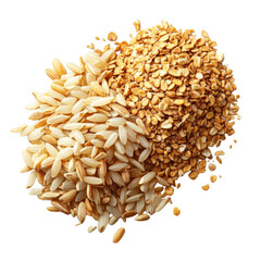 Two piles of grains, one consisting of whole rice kernels and the other of broken or crushed rice pieces. Png, Transparent background.