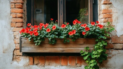 Fototapeta premium Ornate window box with vibrant red flowers
