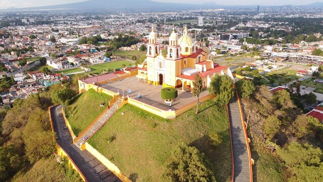 DRONE PHOTOGRAPHS OF THE CHURCH IN THE PYRAMID IN CHOLULA, PUEBLA, MEXICO