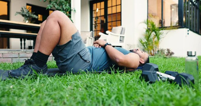 Man, exercise and floor for fitness outdoor of body balance, core strength and sports routine. Male person, touch heels and training for strong muscles, bodybuilder and abs workout for break at house