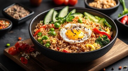 A vibrant bowl of fried rice features a sunny-side-up egg, nestled amongst colorful vegetables like peas, carrots, and broccoli, complemented by sliced cucumbers