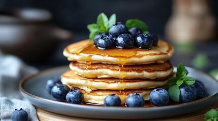A stack of three golden-brown pancakes drizzled with syrup, adorned with fresh blueberries and mint sprigs on a slate-grey plate
