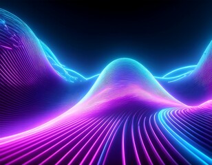 A dynamic and futuristic abstract landscape featuring flowing neon lines in vibrant colors creating a sense of digital energy, technology, and a cyberpunk aesthetic.