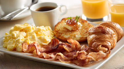 Classic American Breakfast Tray with Scrambled Eggs, Bacon, Croissant and Juice Ready for Comfort Dining