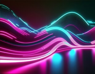 A dynamic and futuristic abstract landscape featuring flowing neon lines in vibrant colors creating a sense of digital energy, technology, and a cyberpunk aesthetic.