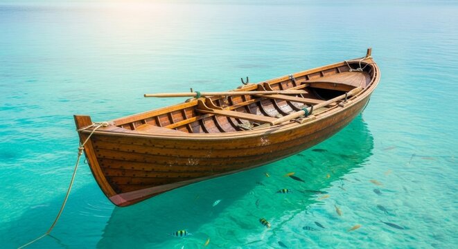 Serene Wooden Rowboat in Crystal Clear Turquoise Water with Colorful Fish