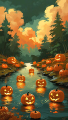 Tangerine Forest Harvest Pumpkin Glow Background for Halloween Party Flyers Social Media Banners Desktop Mobile Wallpapers Canva Photoshop