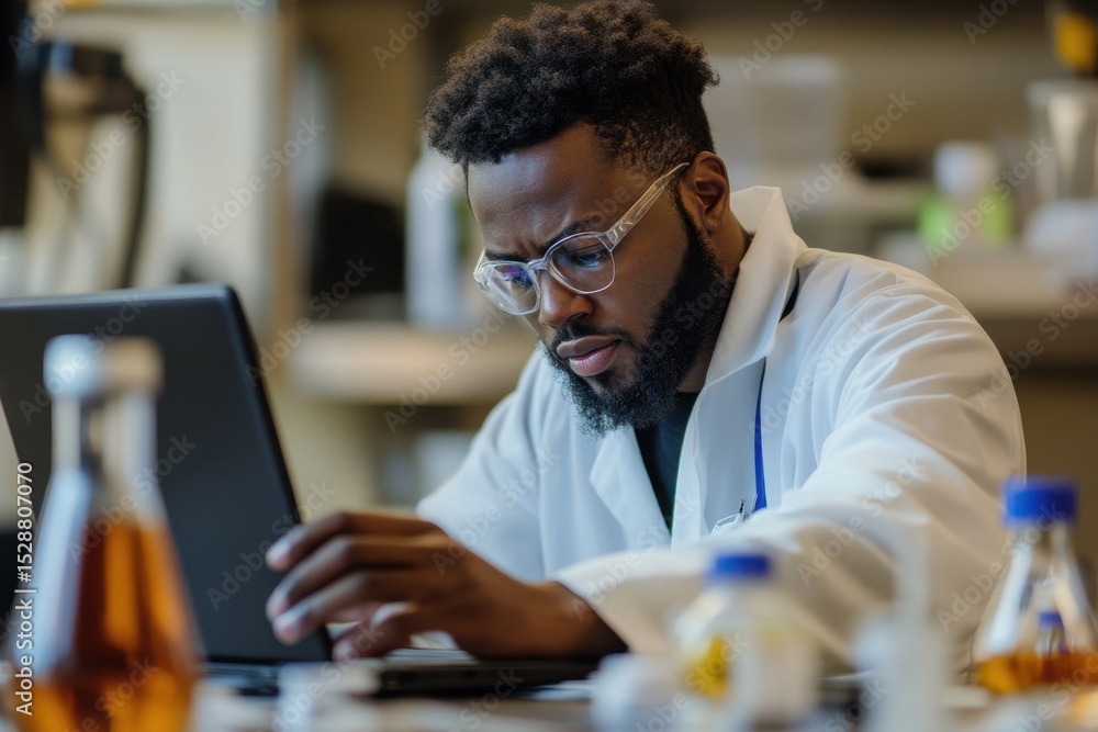 Poster scientist analyzes vaccine sample on laptop in laboratory environment during daytime work hours, sci