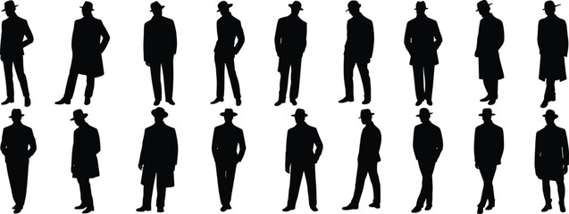 Stylish 1920s Male Silhouettes: Dapper Men in Hats and Suits, Capturing Vintage Fashion, Gangster Era, and Historical Themes