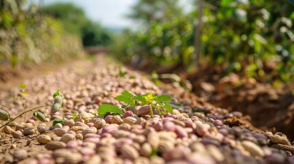 Sunlit peanut field, drying pods, rural setting, planting