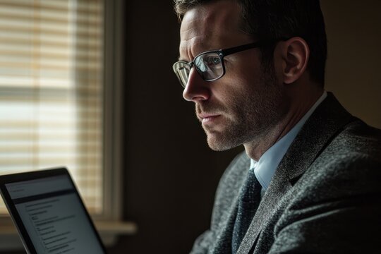 Data analysis conducted by a business professional using a monitor in a modern office environment, monitor data processing over caucasian businessman - Powered by Adobe