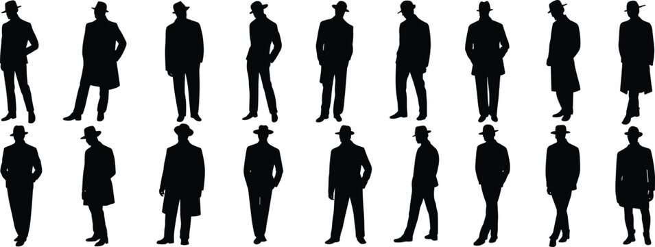 Stylish 1920s Male Silhouettes: Dapper Men in Hats and Suits, Capturing Vintage Fashion, Gangster Era, and Historical Themes