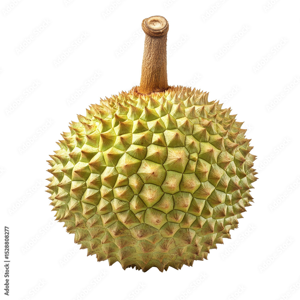 Poster durian displayed on a transparent background showcasing its unique spiky exterior and distinctive fe