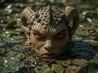 Swamp Creature Rising. A Horned Reptilian Being Emerges from the Lily Pads.