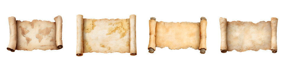 A collection of ancient parchment scrolls and manuscripts