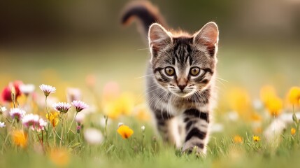 Fototapeta premium Adorable Tabby Kitten Walking Through Colorful Flower Field