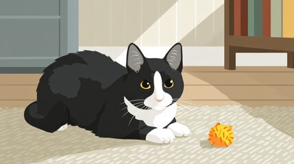Black and White Cat Playing with Toy on Cozy Indoor Carpet