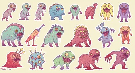 Naklejka premium Cute Spooky Cartoon Monsters and Zombies Collection