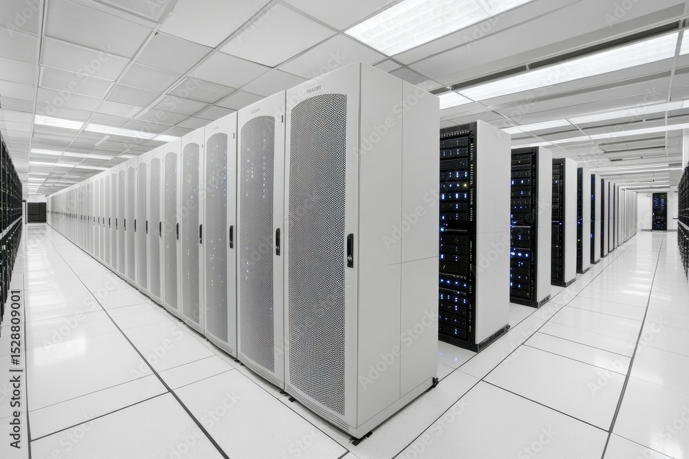 Poster modern data center corridors filled with rows of rack servers supporting high-tech operations, corri