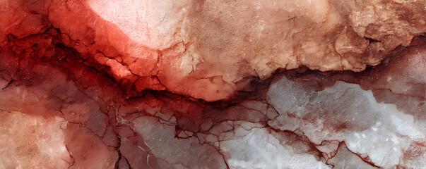 High resolution closeup of a red marble surface featuring bold natural white gray and brown veins creating a dramatic stone texture with striking color contrast