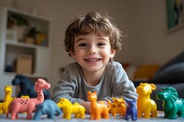 Cute young boy playing with colorful animal toys at home, using his imagination to create stories and scenarios while enhancing his motor skills through play, Generative AI