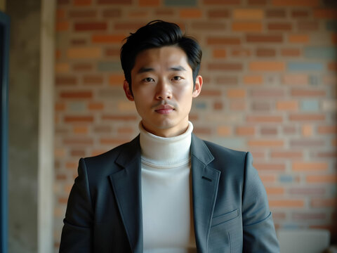 Portrait of a Confident Young Asian Professional in Business Attire Against a Brick Wall Backdrop Looking at Camera