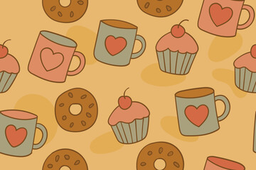 Illustration of coffee cup and pastries. Seamless pattern. Suitable for fashion design, decoration, fabric, wallpaper and printing on light brown background.