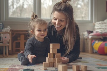 Young girl and her nanny having fun building a wooden block tower together, fostering creativity and learning while enjoying their time in the playroom, Generative AI